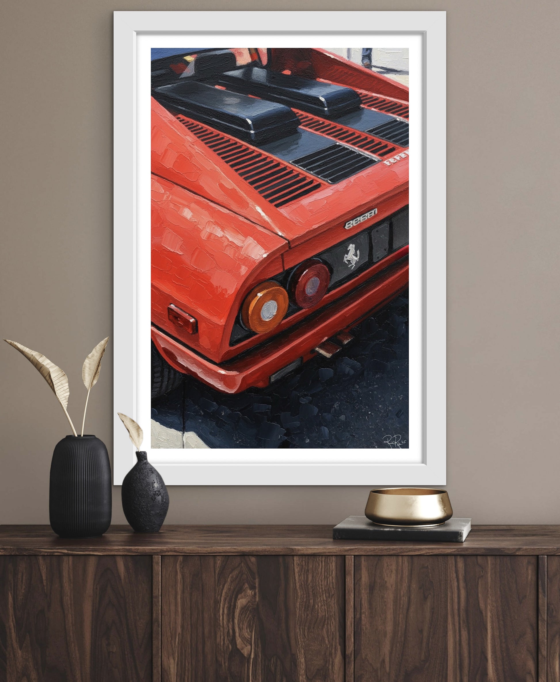 Framed artwork of a red Ferrari on a wooden shelf with decorative items.