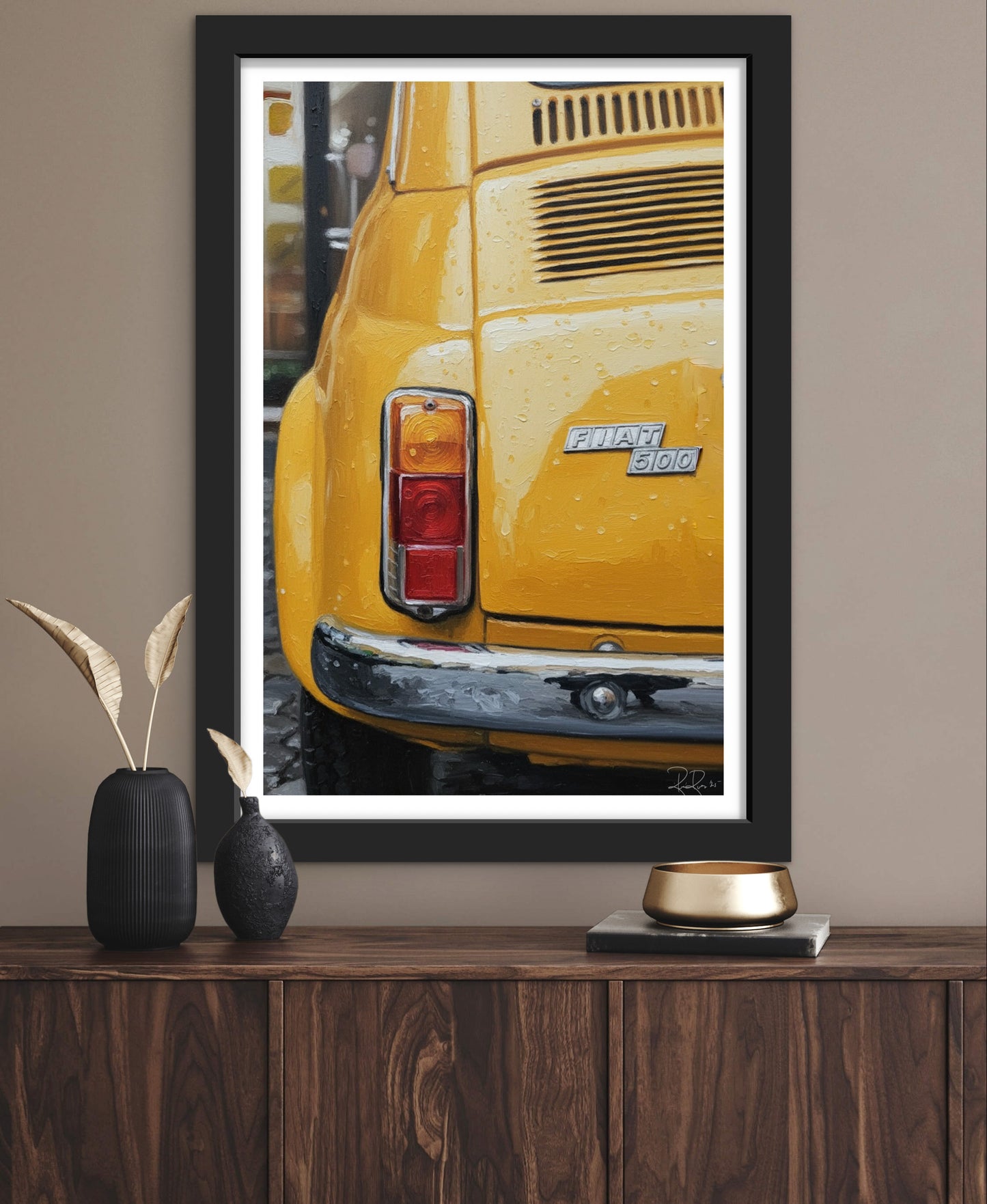 Framed artwork of a yellow car on a wooden shelf with decorative items.