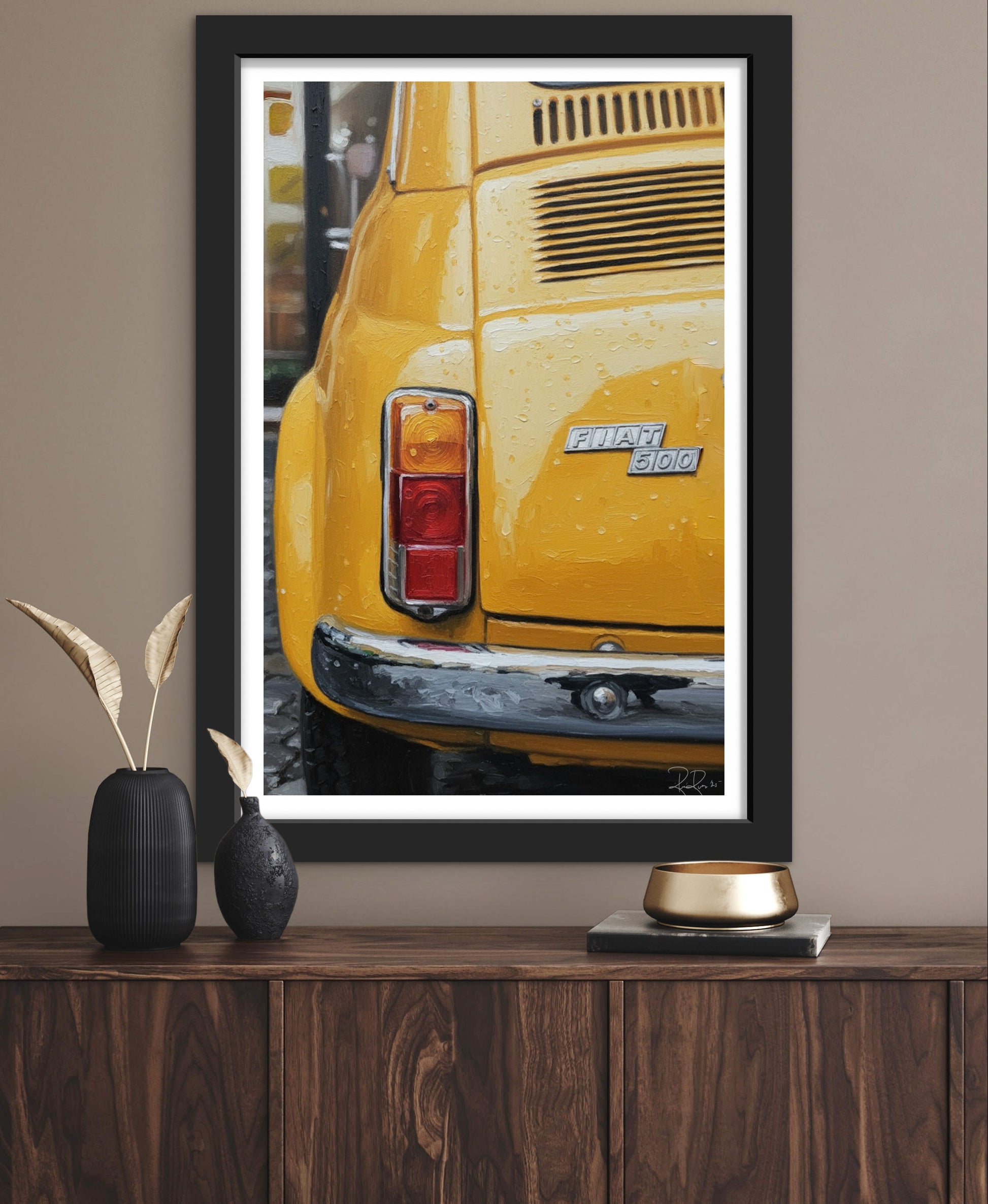 Framed artwork of a yellow car on a wooden shelf with decorative items.