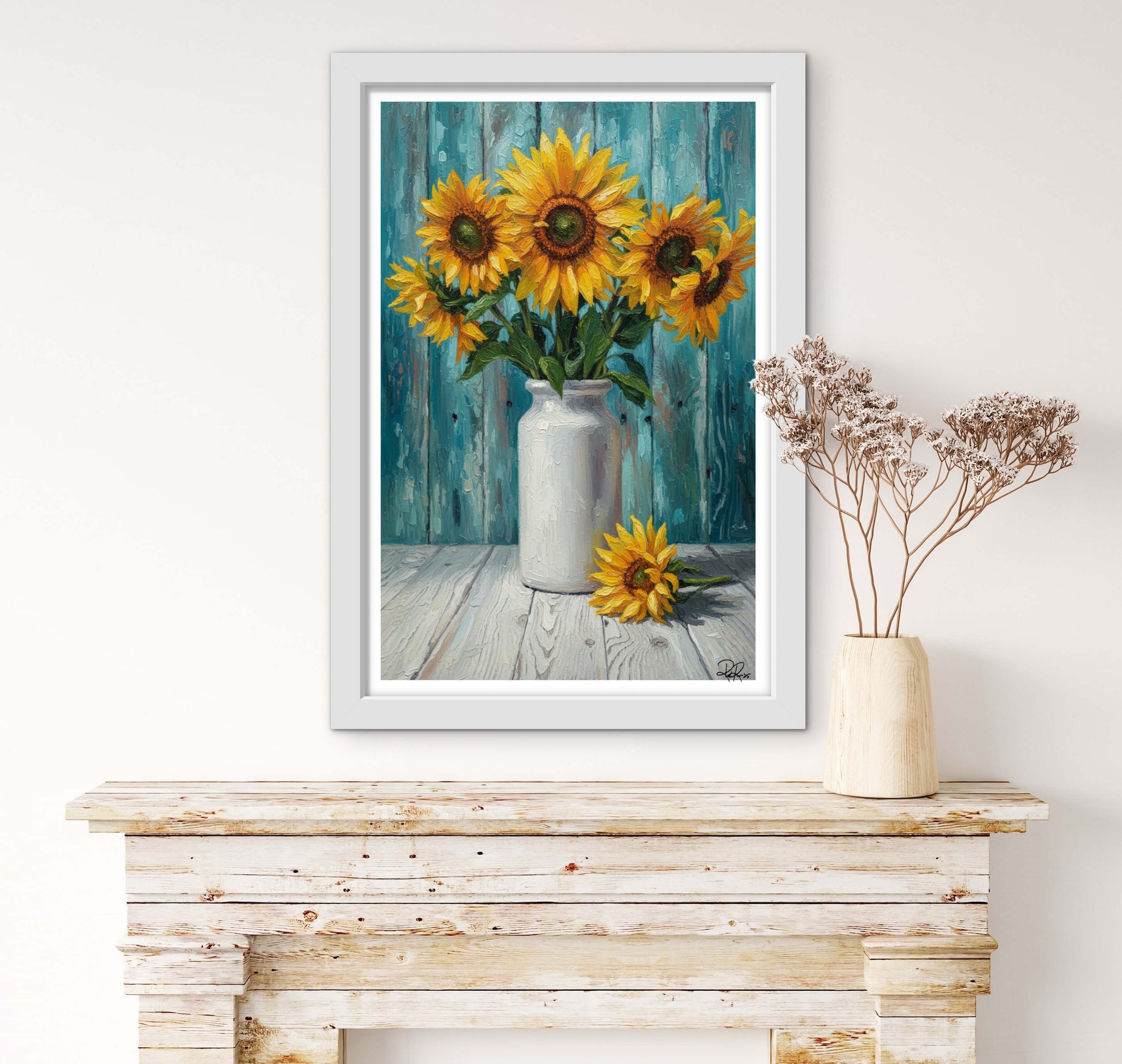 Framed artwork of sunflowers in a vase on a wooden surface with a white background