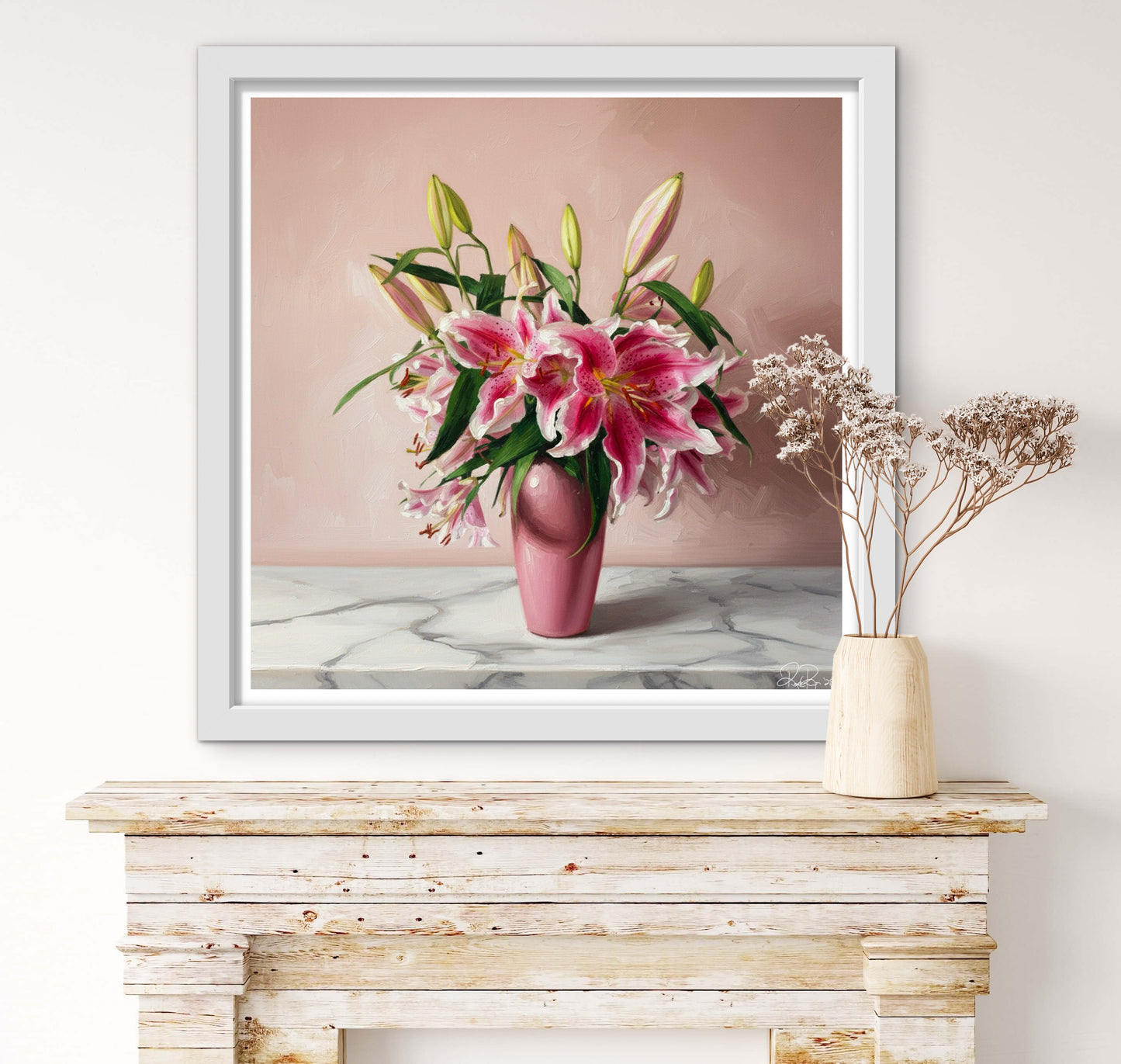 Pink Lily Bouquet Oil Painting Print – Soft Pastel Floral Wall Art