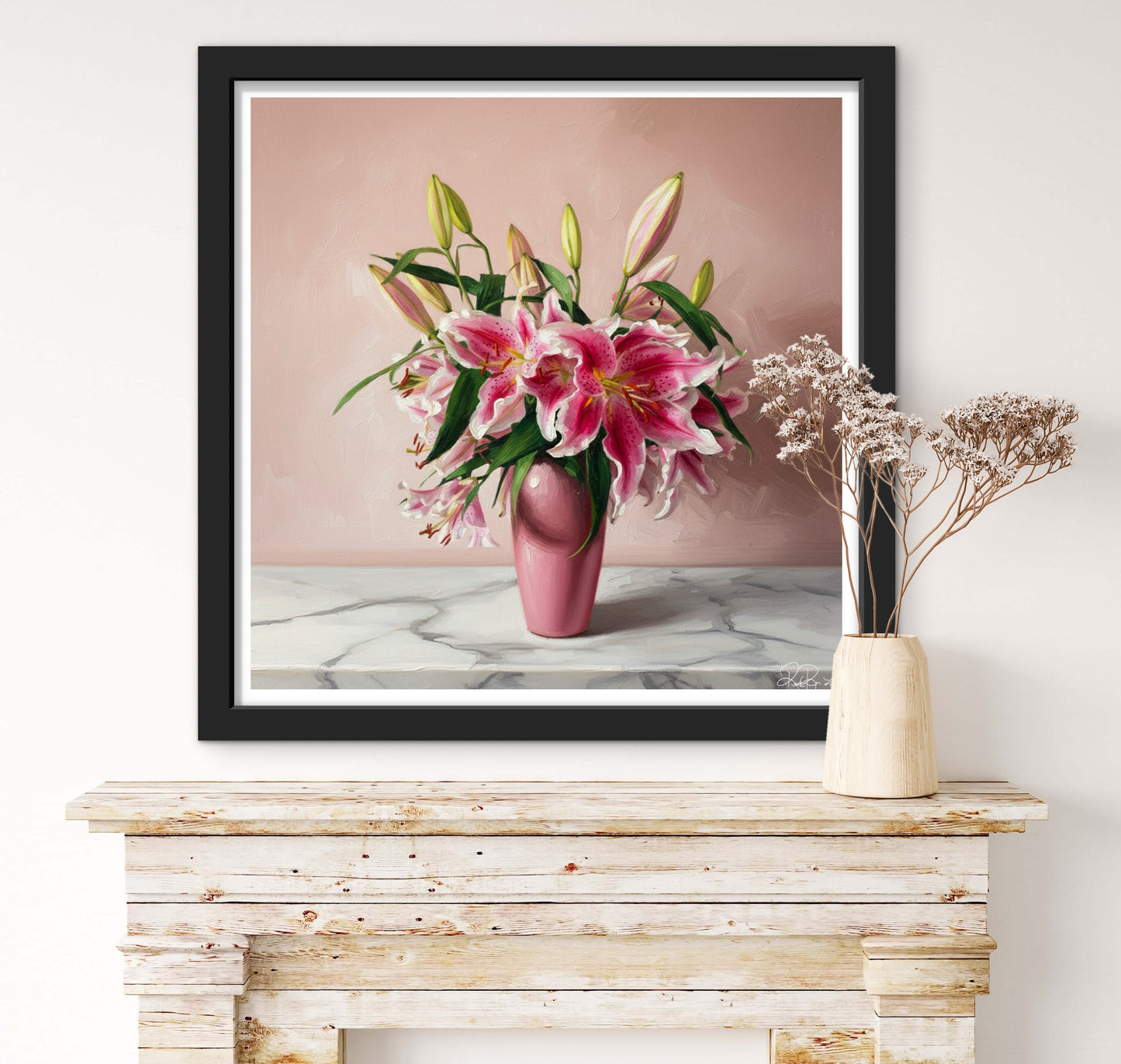 Pink Lily Bouquet Oil Painting Print – Soft Pastel Floral Wall Art