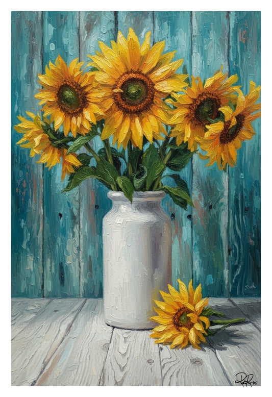 Sunflowers in a white vase against a blue wooden background