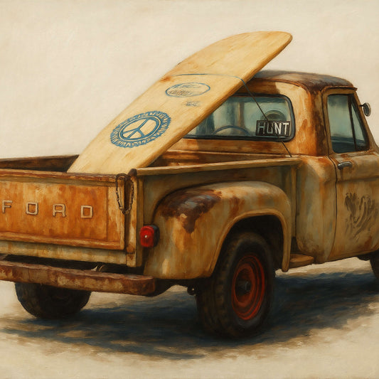 Vintage Ford surf truck oil painting print – rustic coastal wall art, perfect for beach house decor, surfers, and classic car enthusiasts.