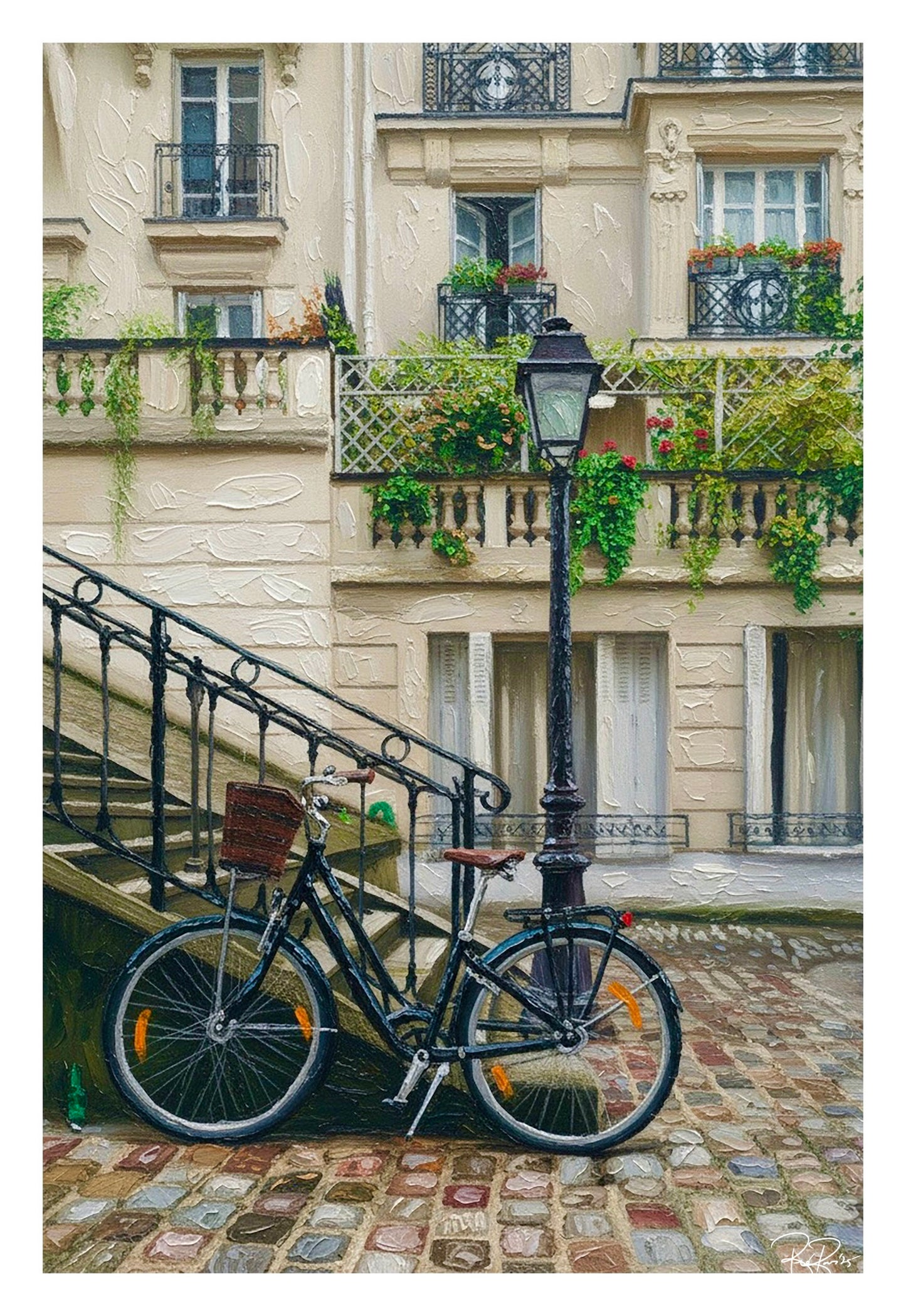 Bicycle parked on a cobblestone street in a European city with buildings and plants in the background.