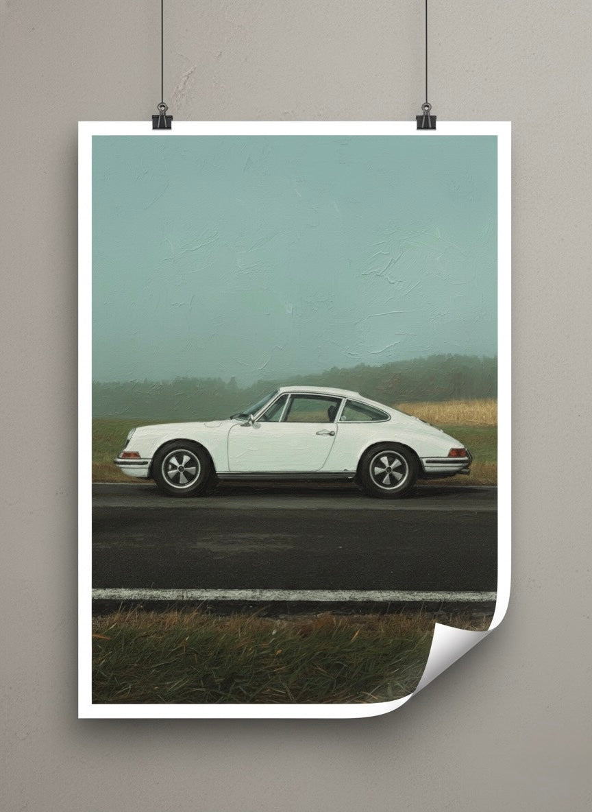 Poster of a white sports car on a road with a misty landscape.