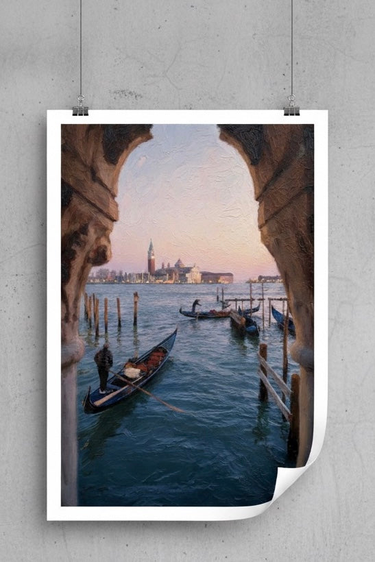 Poster of a scenic view of a canal with gondolas and a cityscape in the background, framed by stone arches.