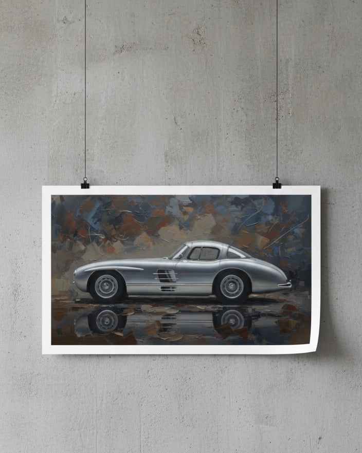 Framed artwork of a classic car on a textured wall