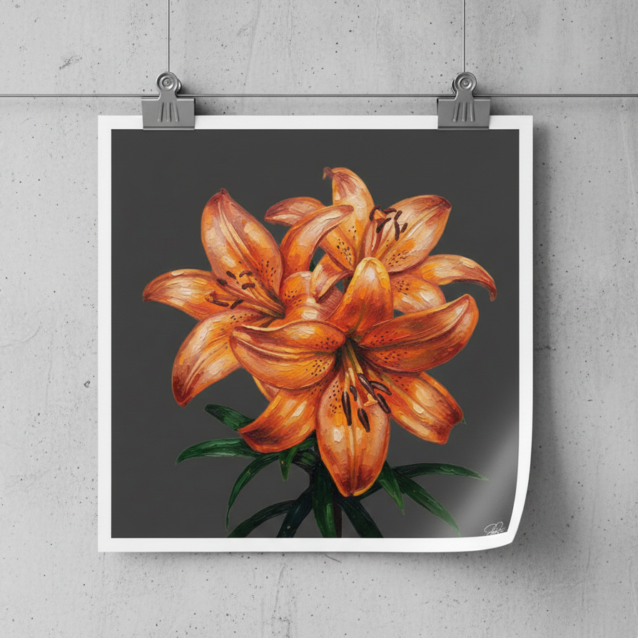 Floral print of orange lilies on a gray background, hanging on a textured wall.