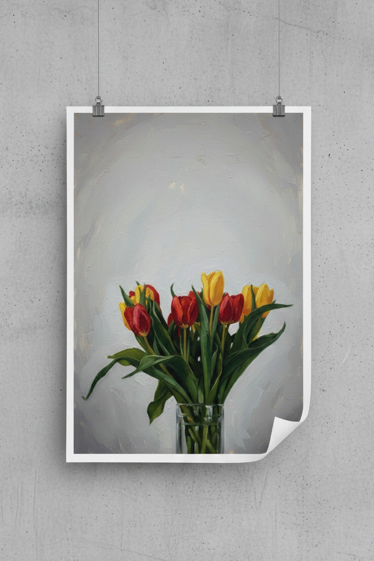 Print of a photograph of red and yellow tulips on a gray wall