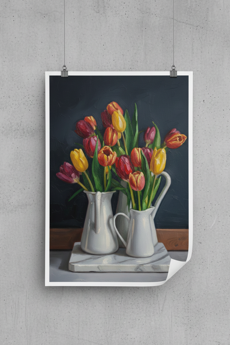 Poster of tulips in white vases on a gray wall