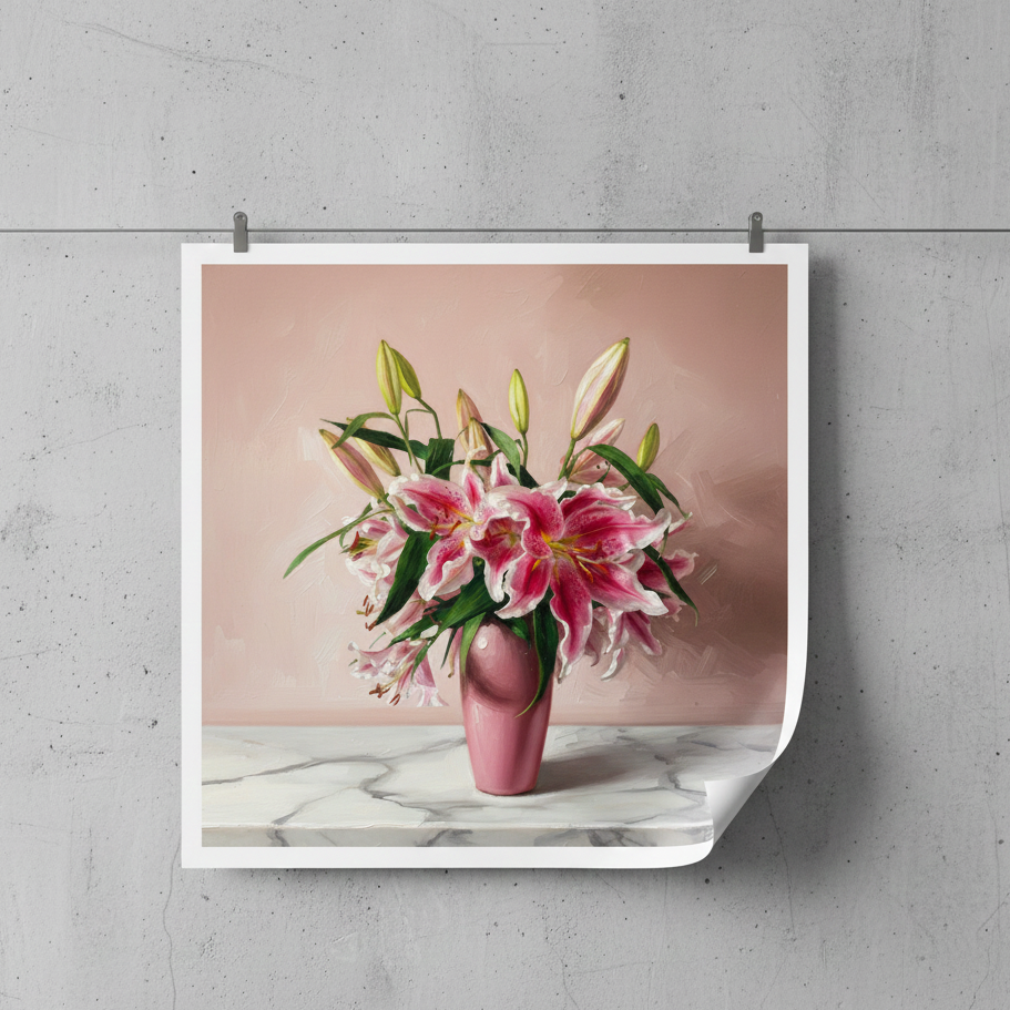 Floral artwork of pink lilies in a vase on a marble surface, hanging against a concrete wall.