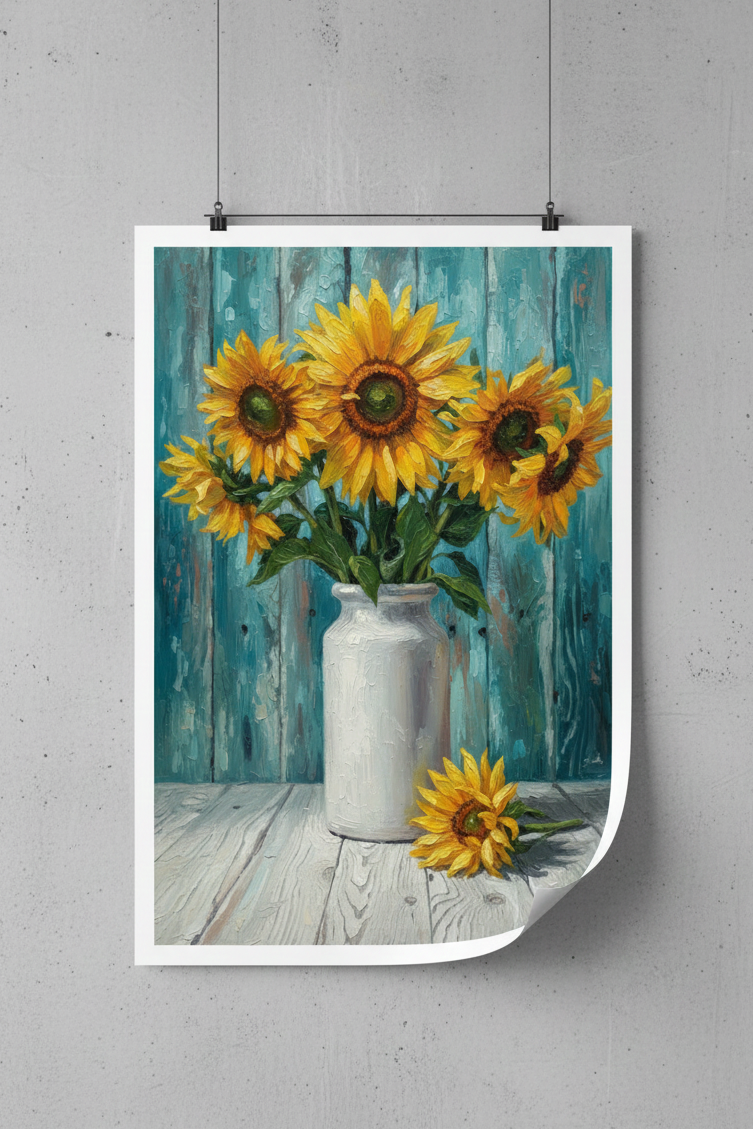 Poster of sunflowers in a white vase against a teal wooden background, hanging on a gray wall.