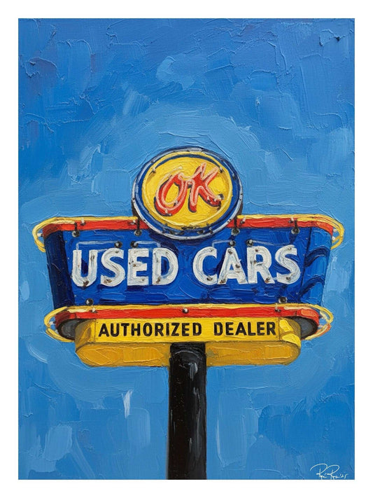 Vintage-style 'OK Used Cars' sign with blue background