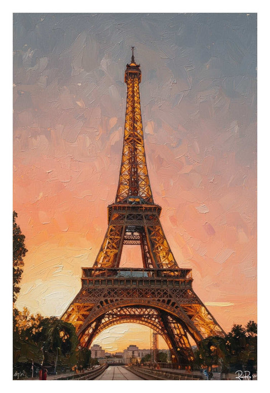 Eiffel Tower at sunset with a warm glow against a pink and orange sky.