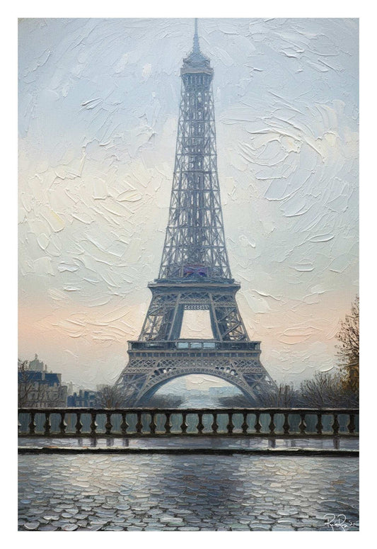 Painting of the Eiffel Tower with a textured background