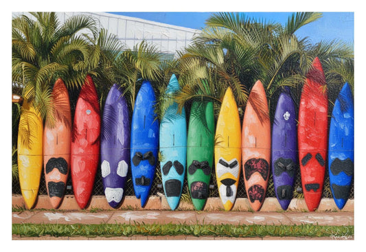Colorful surfboards with face designs arranged against a palm tree background.