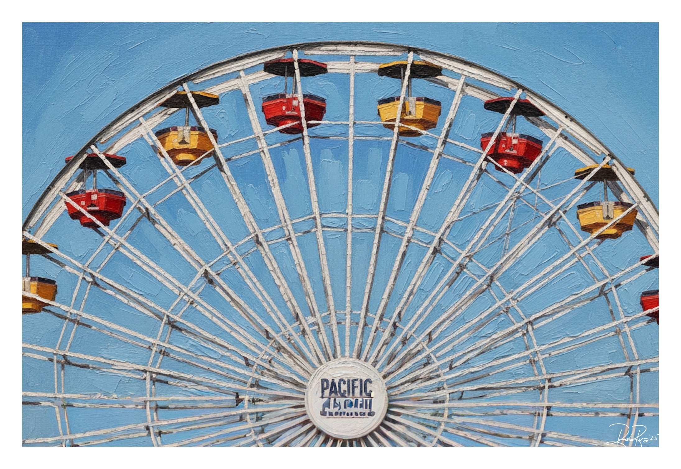 Ferris wheel with 'Pacific Park' logo against a blue sky