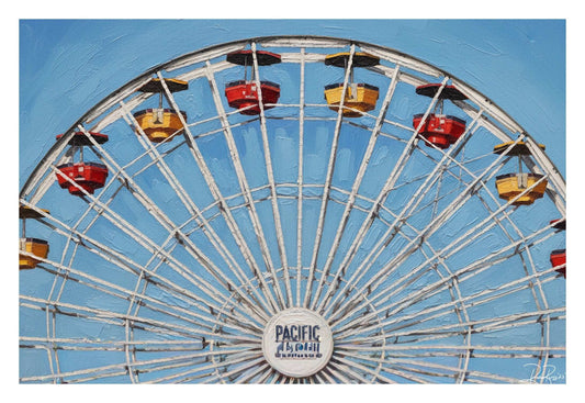 Ferris wheel with 'Pacific Park' logo against a blue sky
