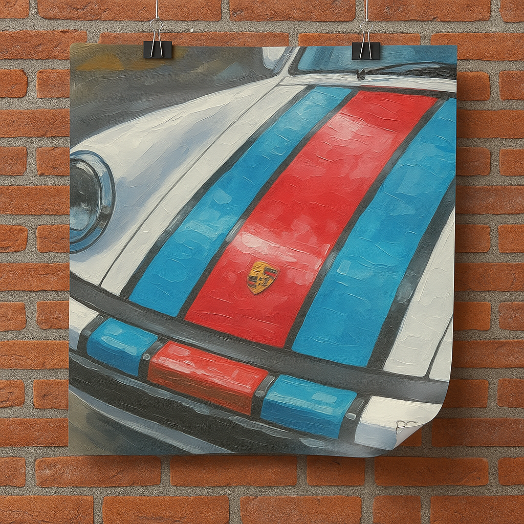 Artistic depiction of a car with red and blue stripes on a brick wall.