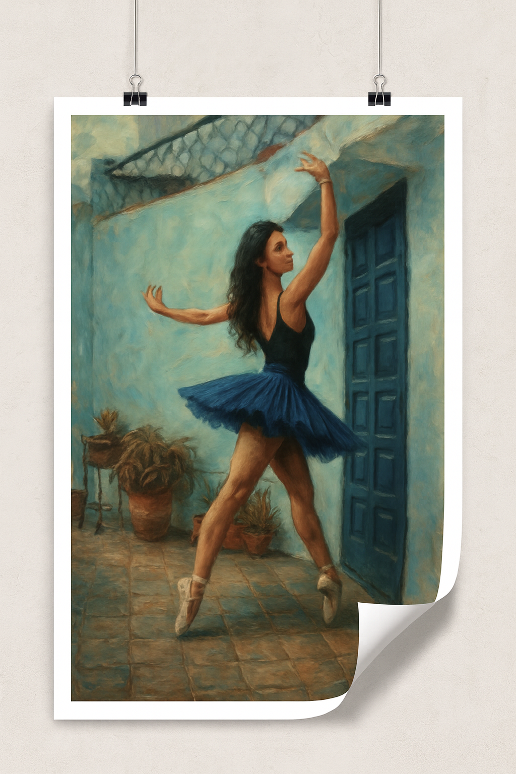 Poster of a dancer in a blue tutu against a textured wall.