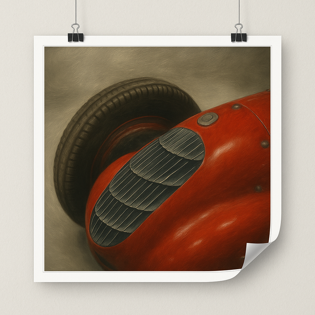 Mockup of a red vintage race car poster hanging from wires on a white wall