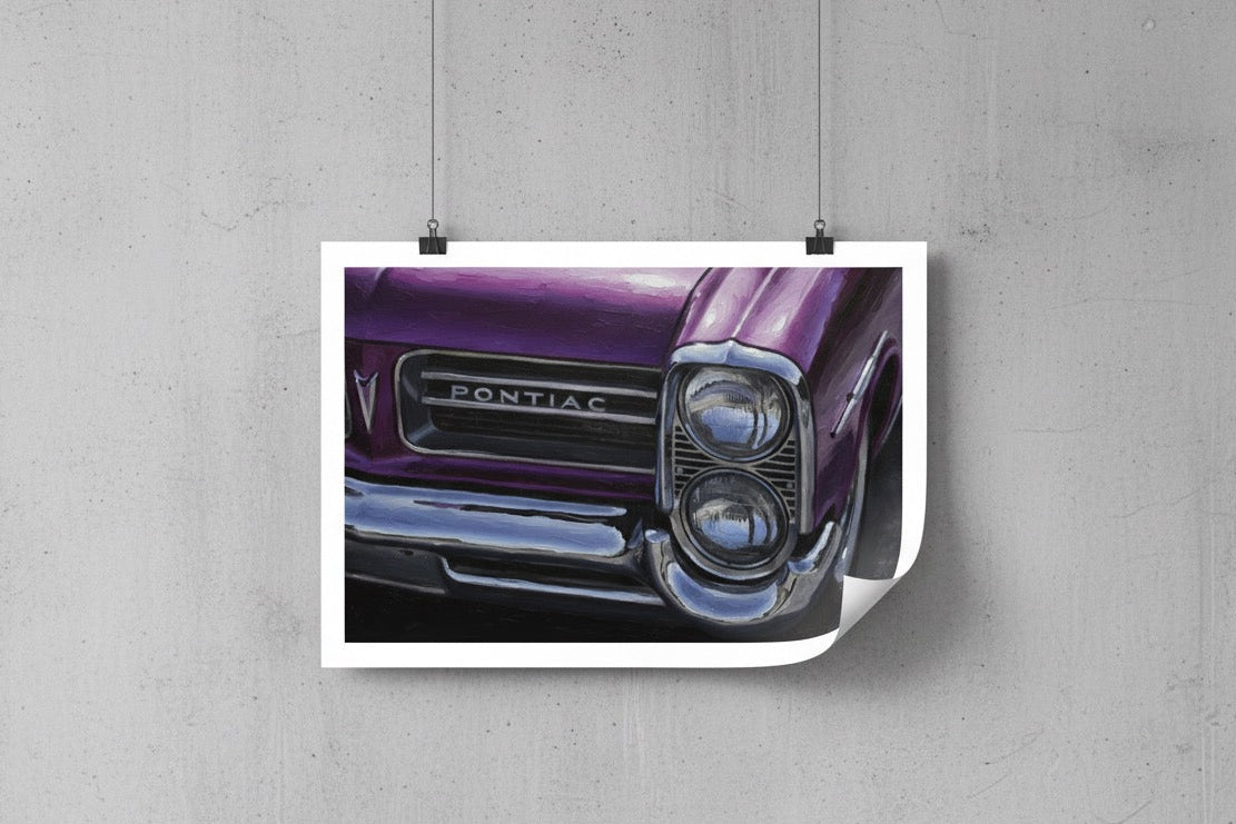 Poster of a purple Pontiac car on a gray wall