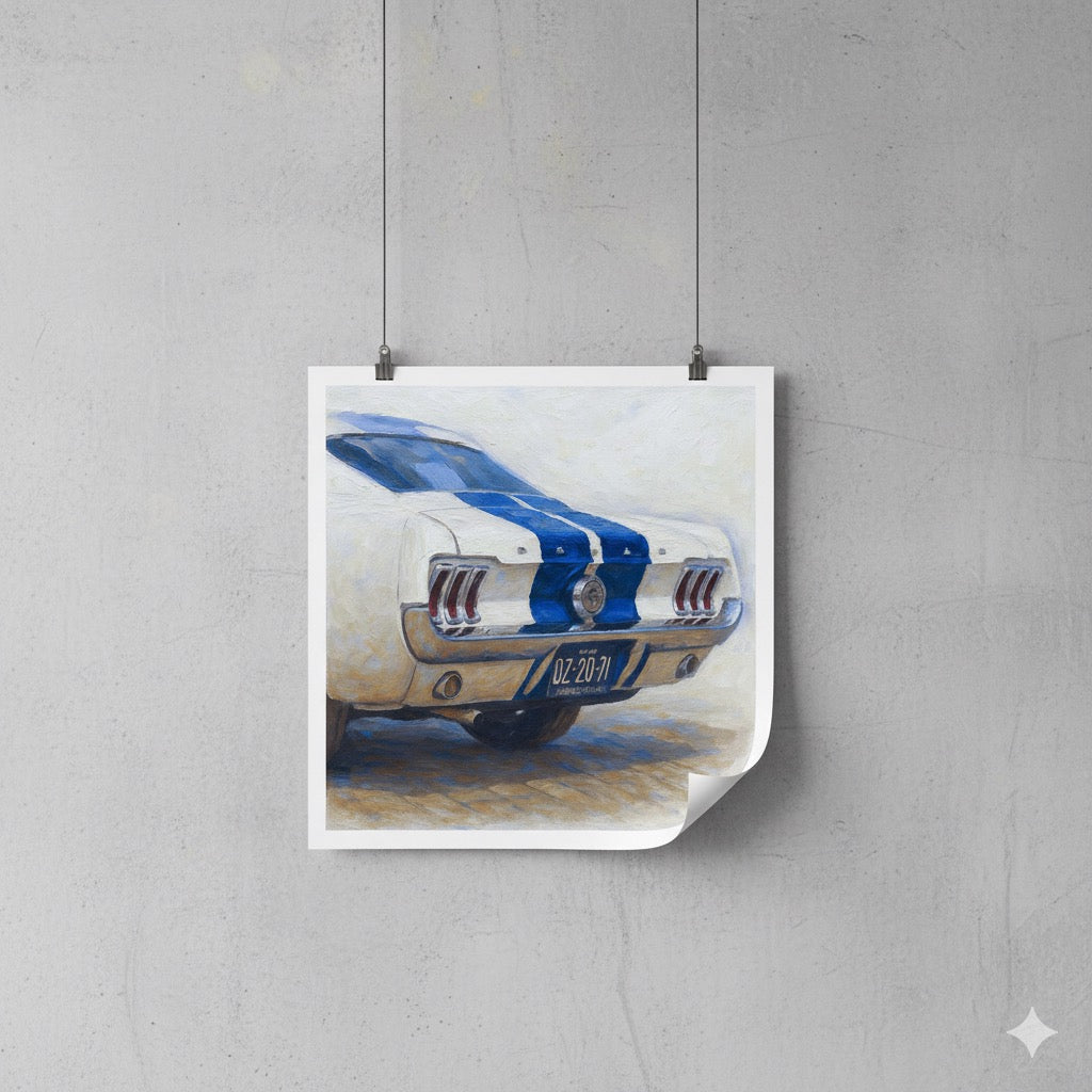 Classic Ford Mustang GT Fastback Oil Painting Print - Iconic White & Blue Shelby Stripes