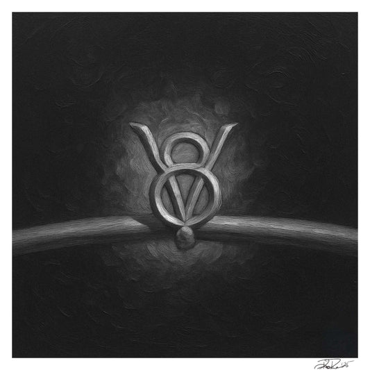 Black and white emblem-like design on a dark background