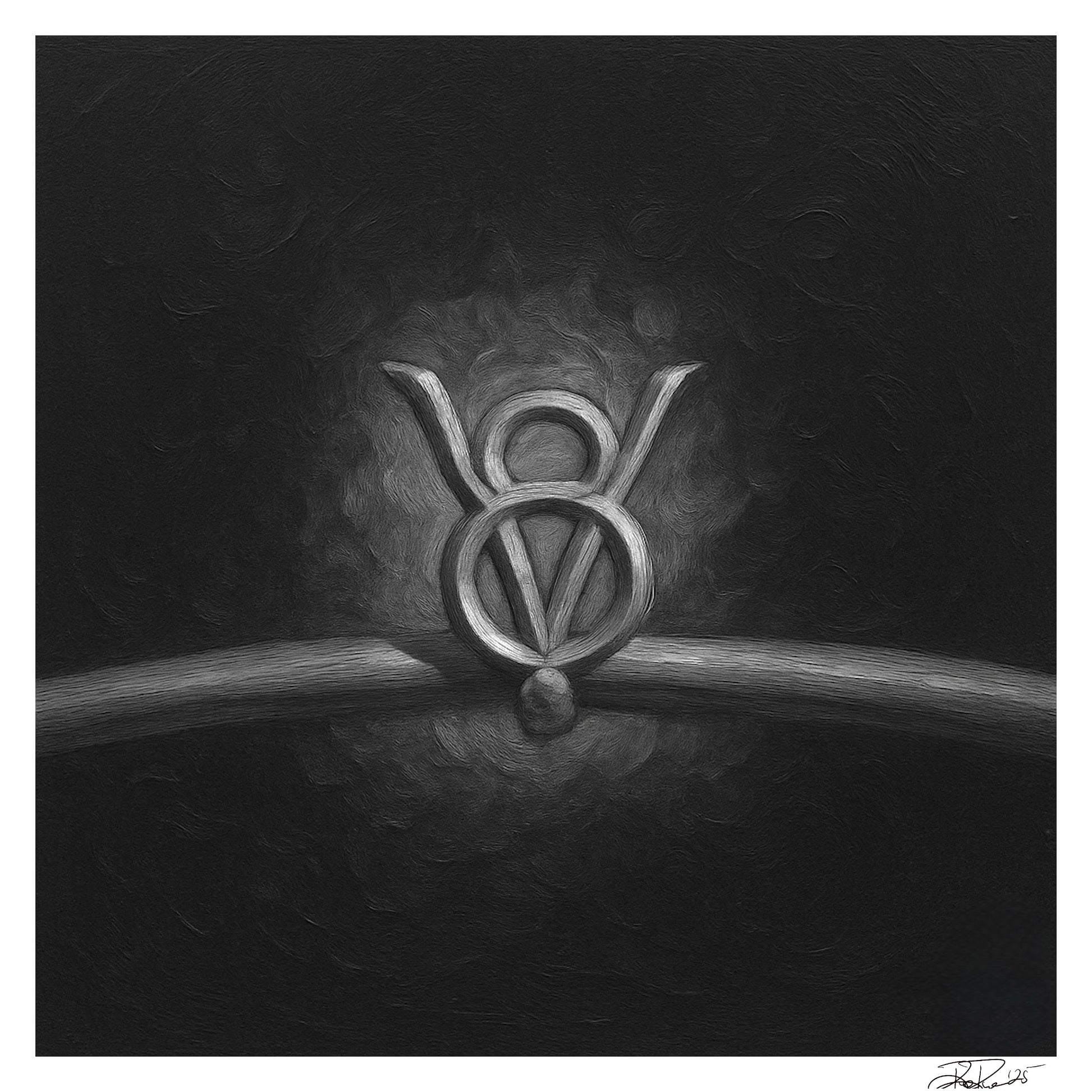 Black and white emblem-like design on a dark background