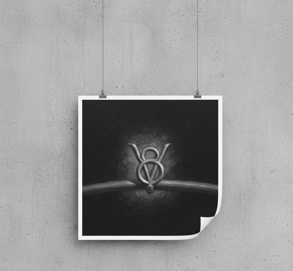 Black and white poster with a logo on a concrete wall