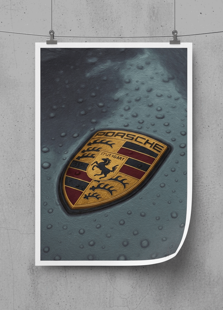 Rain-Kissed Porsche Crest Emblem Digital Art Print