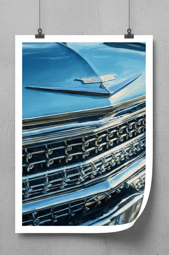 Vintage Car Chrome Art: Blue Cadillac Emblem Oil Painting