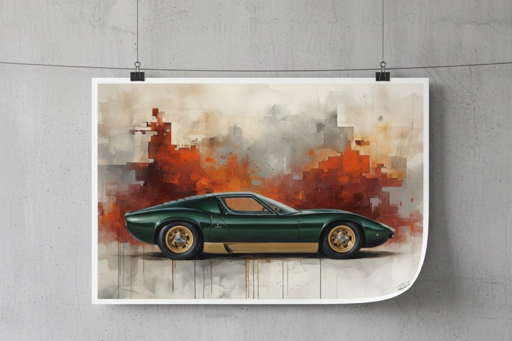 Green Lamborghini Miura Art: Retro Italian Sports Car Print | High-End Man Cave Decor
