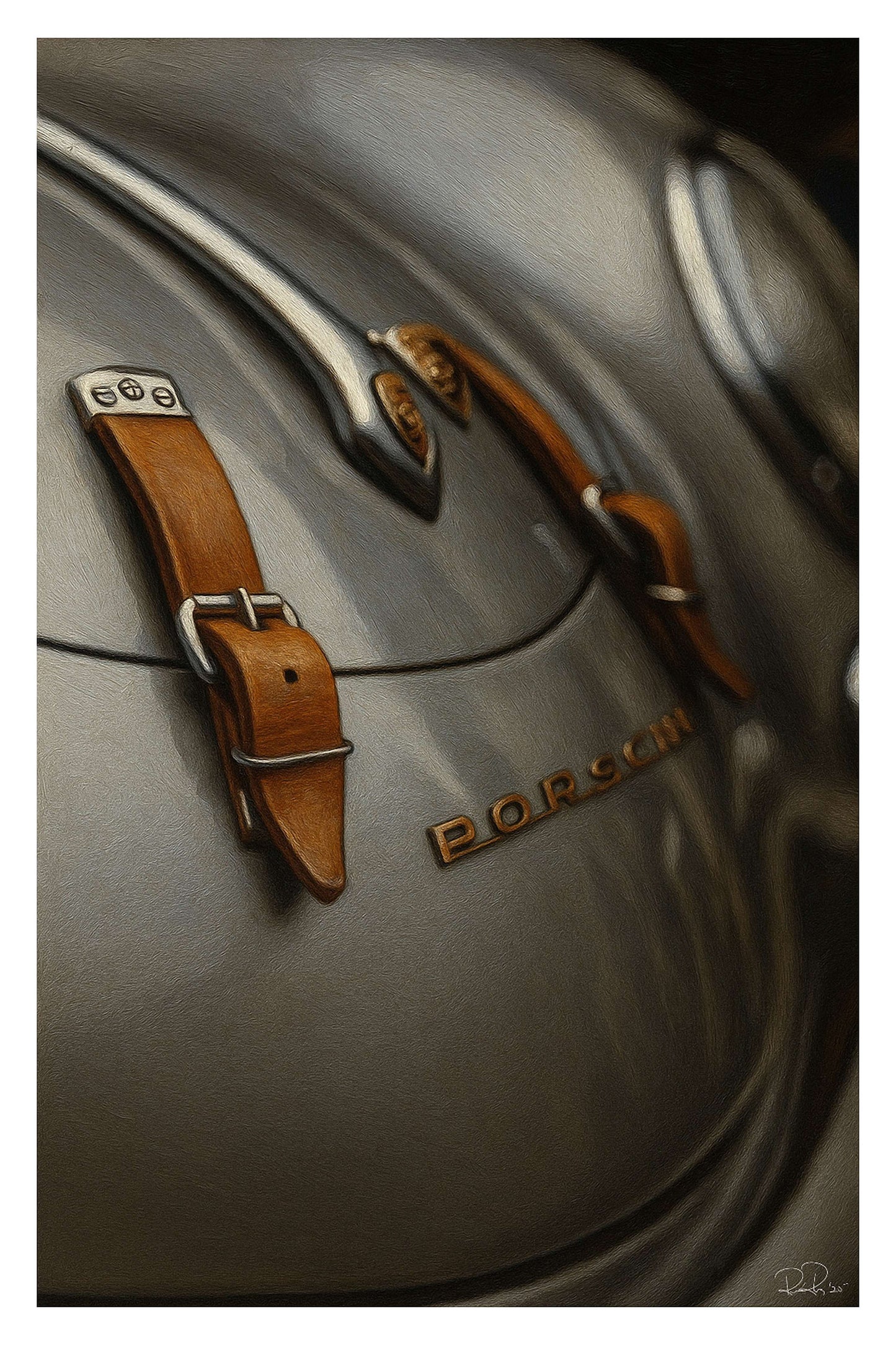 Close-up of a Porsche logo with a brown leather strap on a gray background