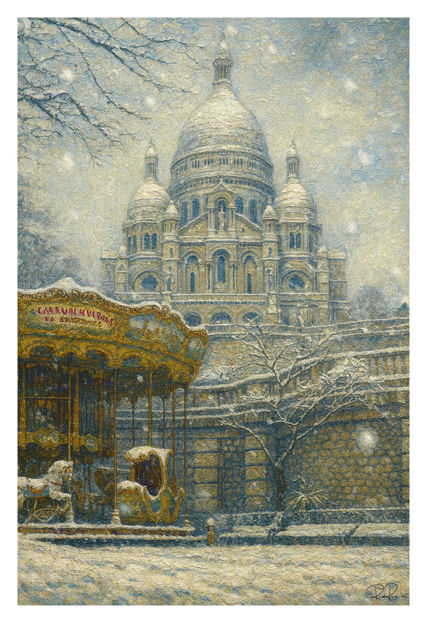 Snowy scene with a carousel and a large domed building, possibly a cathedral, in the background.