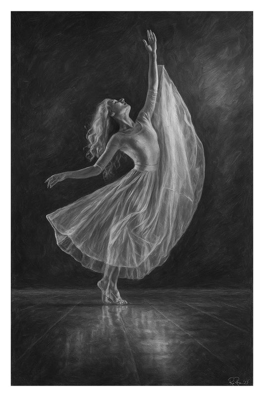 Dancer in a flowing white dress against a dark background