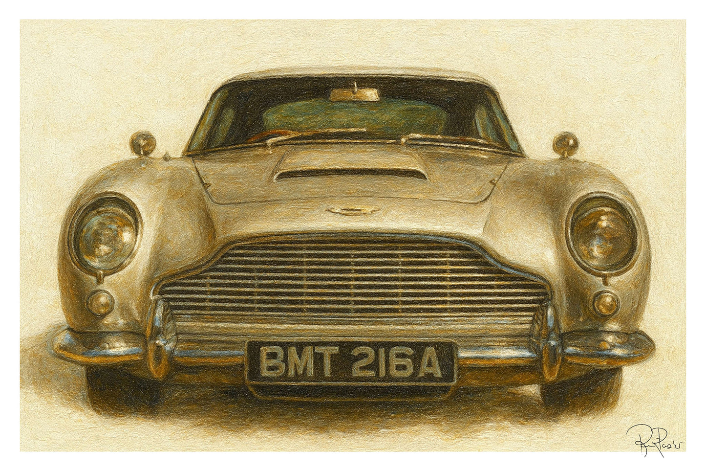Vintage car with 'BMT 216A' license plate on a beige background