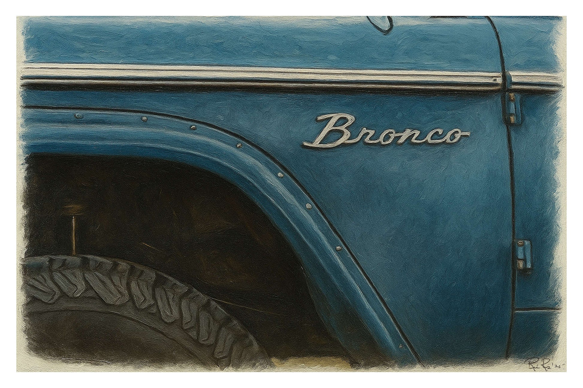 Close-up of a blue Ford Bronco vehicle with 'Bronco' branding.