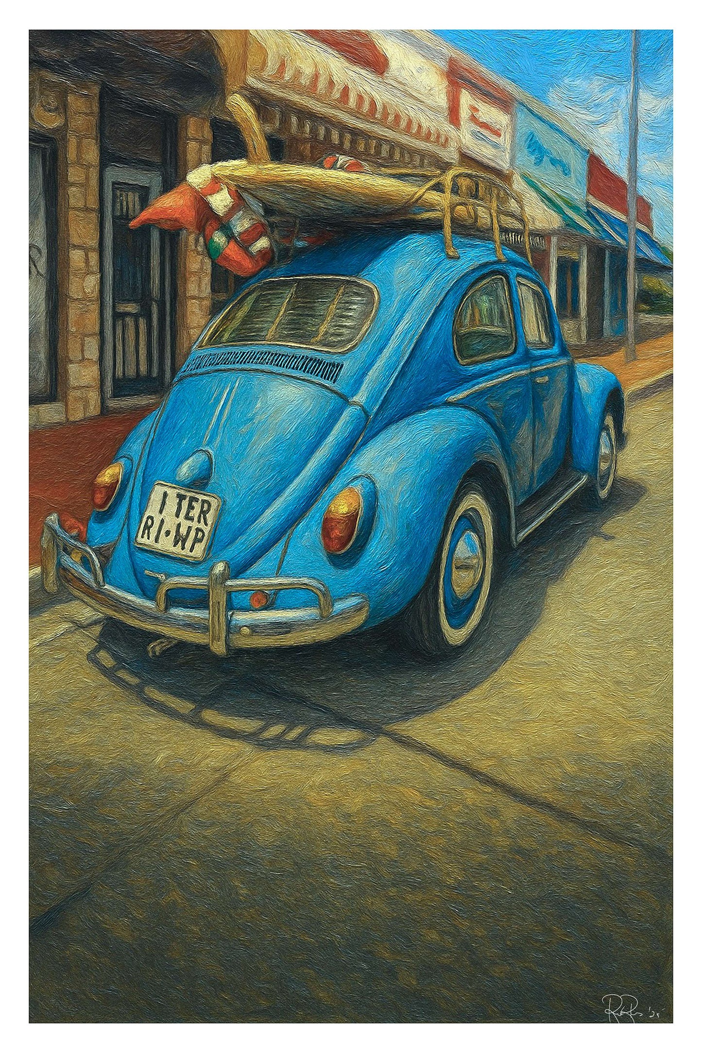 Blue Volkswagen Beetle with surfboard on roof in a small town setting