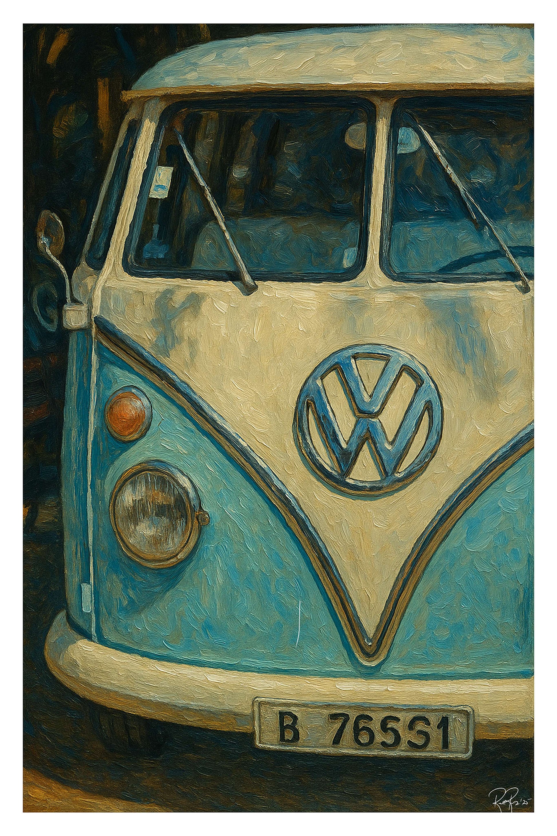 Painting of a vintage Volkswagen van with a blue and beige color scheme.