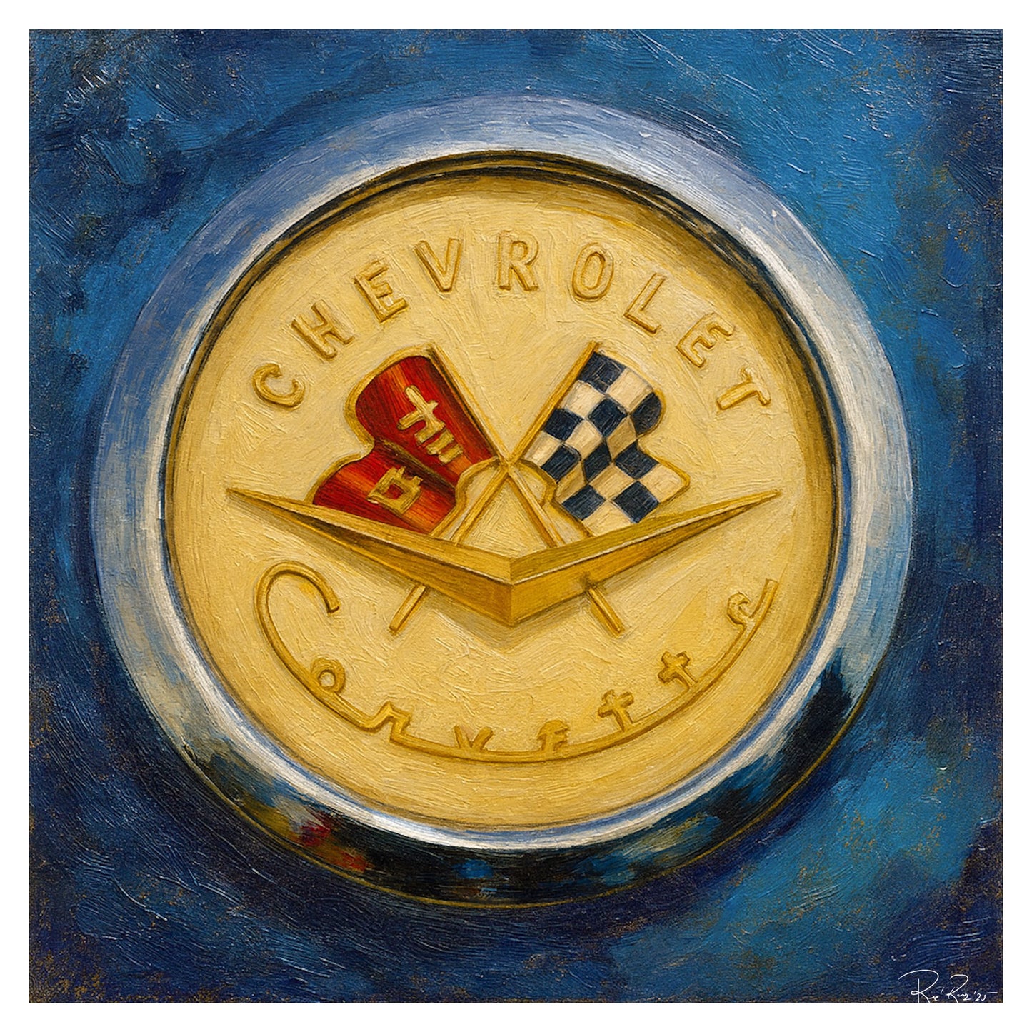 Gold Chevrolet Corvette emblem on a blue background