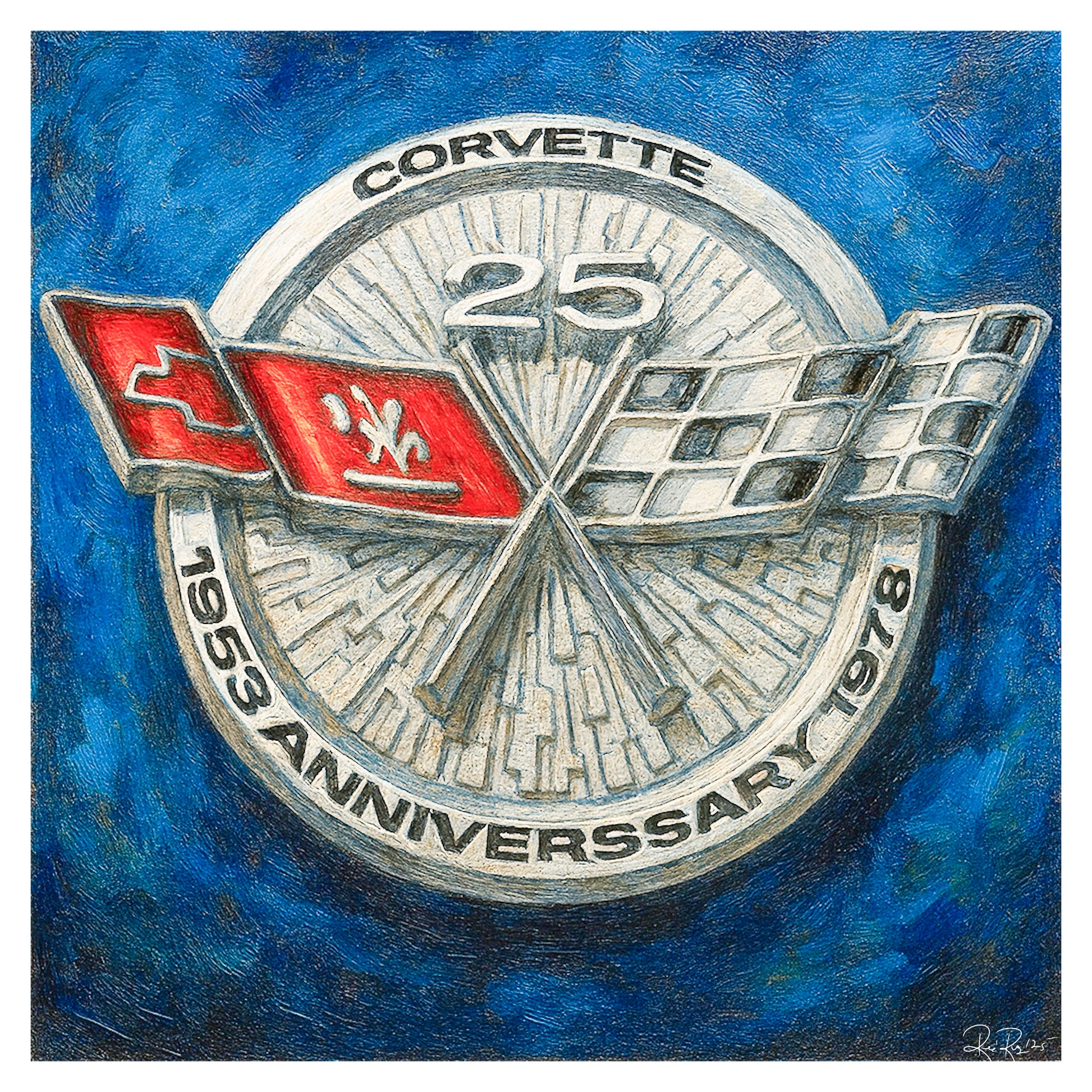 Corvette emblem celebrating 25th anniversary with red, white, and blue design on a blue background