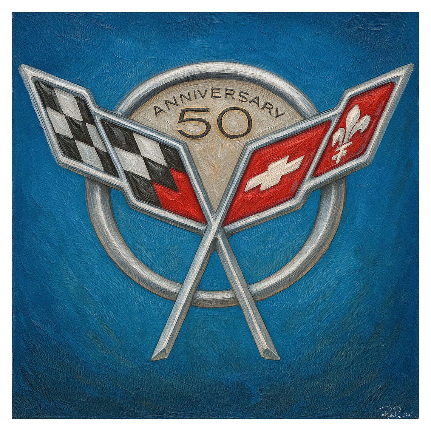 50th anniversary logo with crossed flags on a blue background