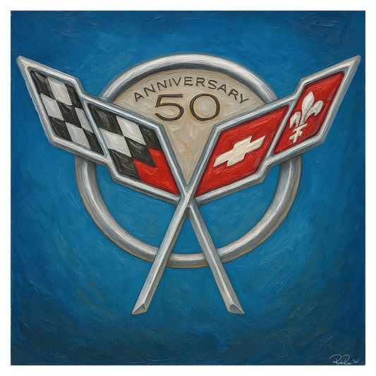 50th anniversary logo with crossed flags on a blue background