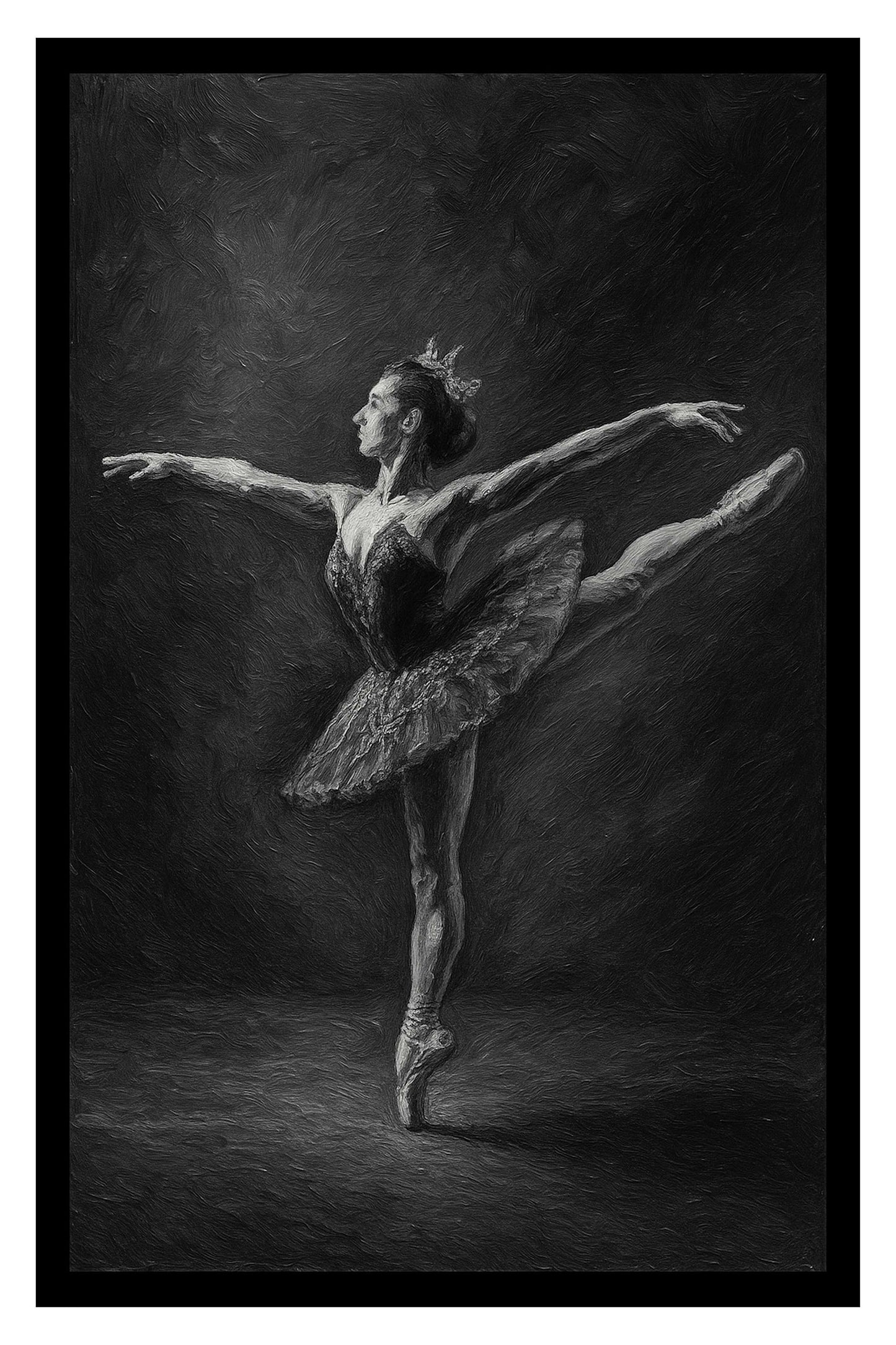 Black and white drawing of a ballerina in a tutu and pointe shoes against a dark background.