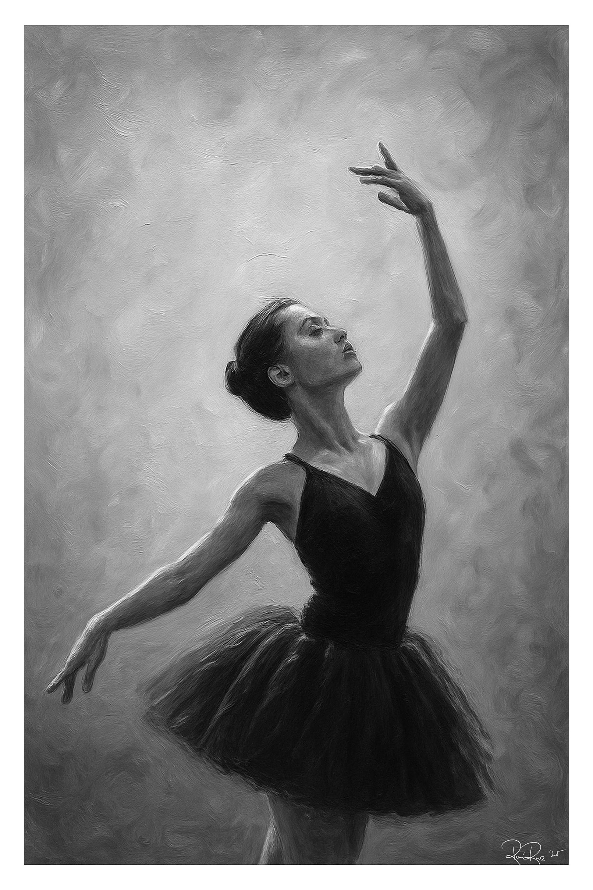 Black and white painting of a ballerina in a tutu with one arm raised.