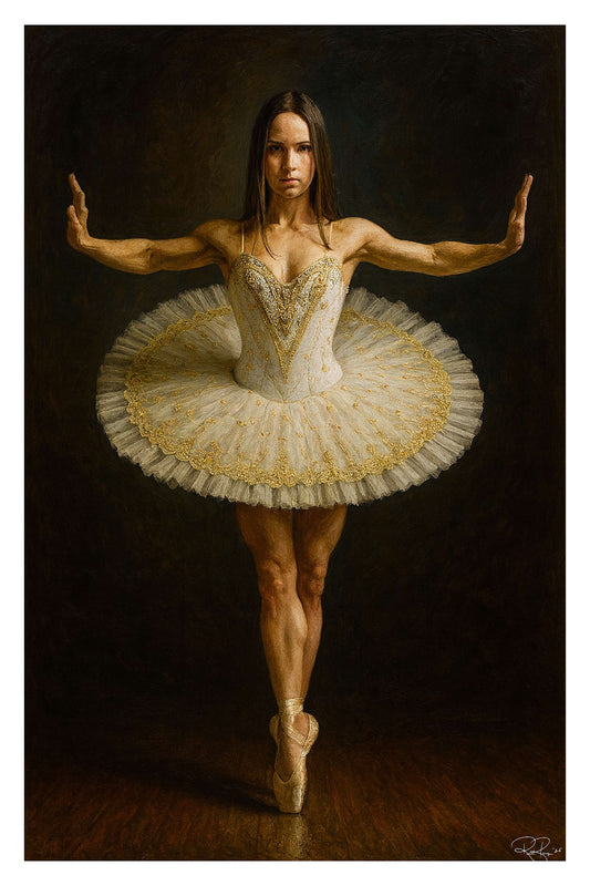 Ballerina in a classical tutu with arms outstretched against a dark background