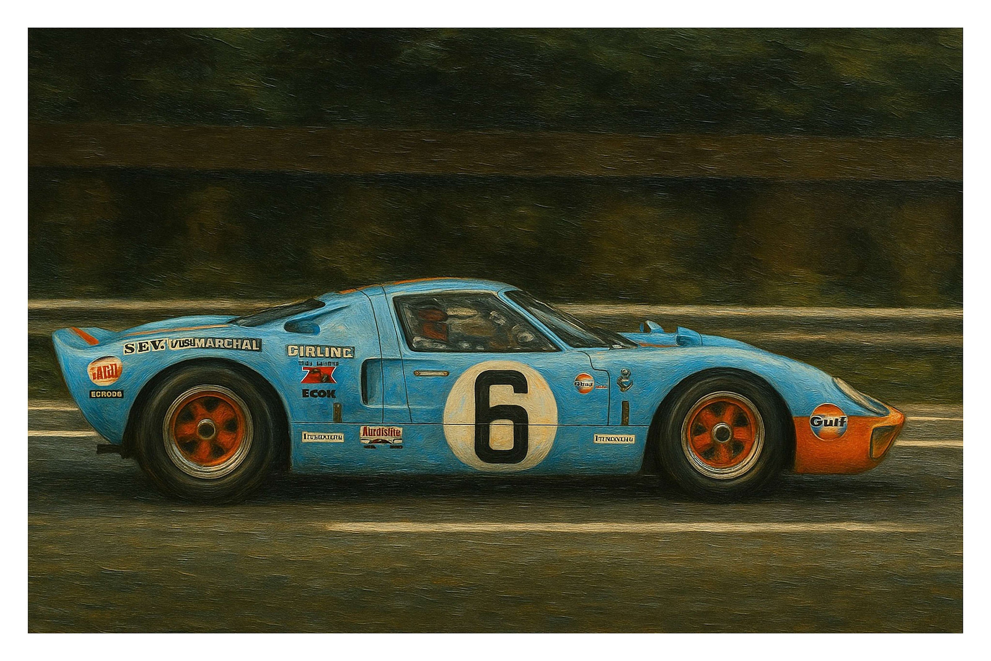 Vintage race car with number 6 on a track