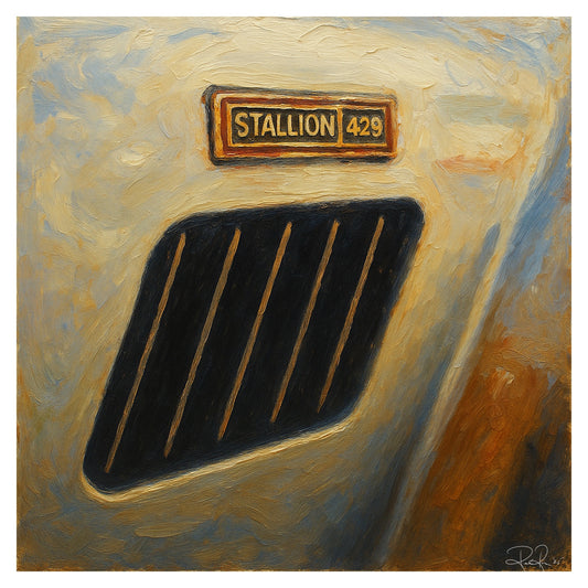 Artistic depiction of a car grille with 'STALLION 429' badge